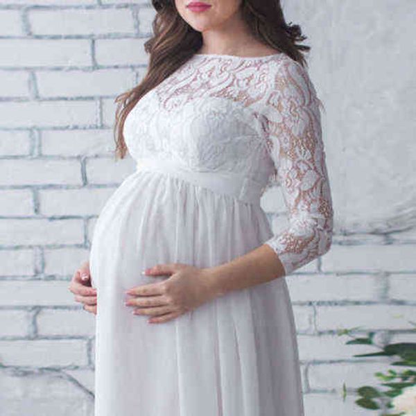 

pregnant women lace long dress solid color maternity maxi gown dress 3/4 sleeve wedding party floor dress for pgraphy aa220309, White