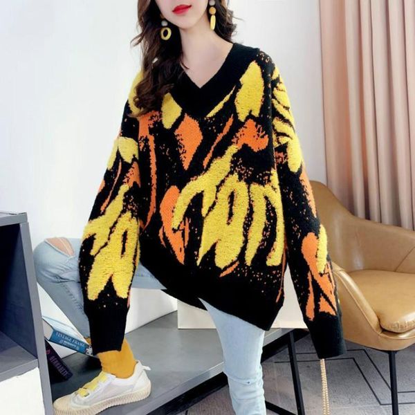 

women's sweaters autumn and winter thick v-neck pullover net red loose lazy hong kong flavor wild long sleeves, White;black