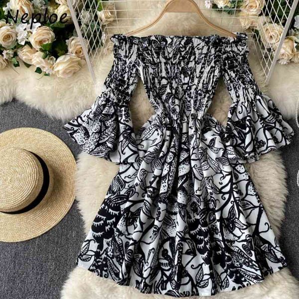 

neploe chic flower print design women dresses sweet flare sleeve slim fit vestidos spring slash neck high waist dress 210423, Black;gray