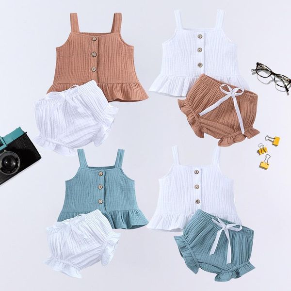 

baby girl clothes summer cotton solid color sling casual 2 piece suit infant cute suits for girls born clothing sets, White