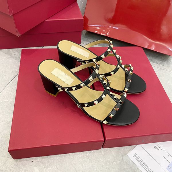 

dress shoes summer style fashion rivet high-heeled sandals v right women 6cm thick heel slippers 2021 outwear 35-40 7s5c, Black