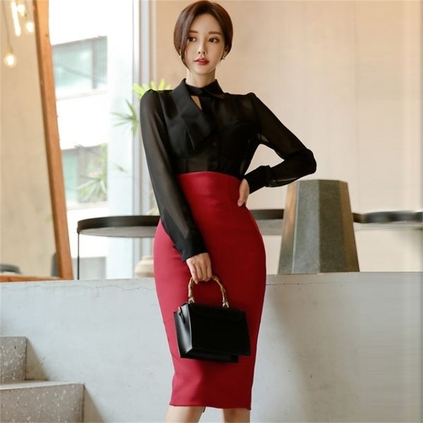 

women autumn office ol work wear 2 pieces set see through black blouse + high waist red pencil bodycon skirt 210519, White