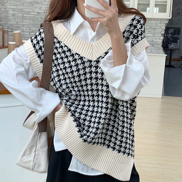 

autumn and winter preppy style loose knitted sleeveless vest sweaters womens pullovers womens (73006) 210423, White