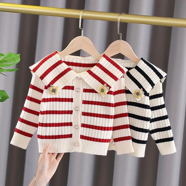 

pullover girls' striped big lapel knitted cardigan autumn and winter children's sweater baby cute fashion warm jacket, Blue