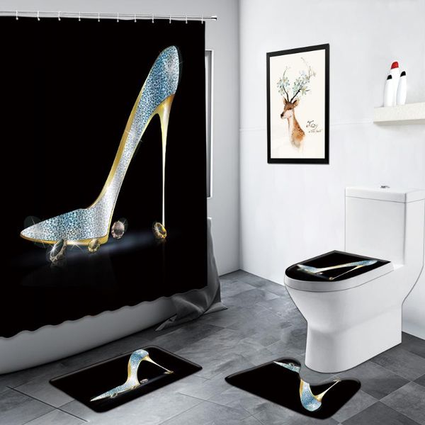 

shower curtains diamond high heel curtain fashion black background decor bathroom carpet non-slip door mat toilet cover rug bath mats set
