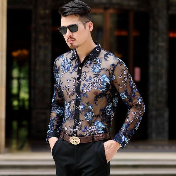 

men's casual shirts chemise hommesee through mesh shirt men 4xl luxury transparent embroidery lace club party long sleeve, White;black