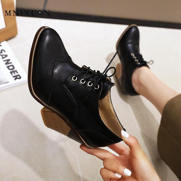 

dress shoes mnixuan female extreme high heels 2021 spring autumn lace up strange chunky heel brown woman pumps plus size 47, Black