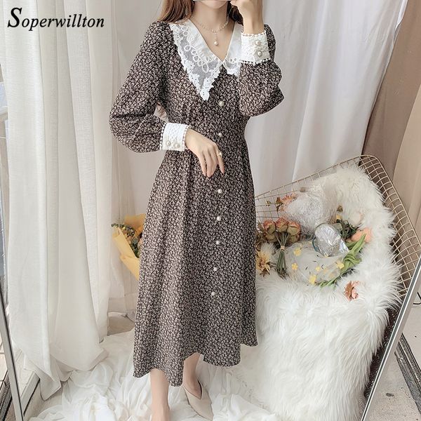 

foral vintage long dress v neck slim printed party womens dress single button with lace casual female dress autumn vestidos, Black;gray