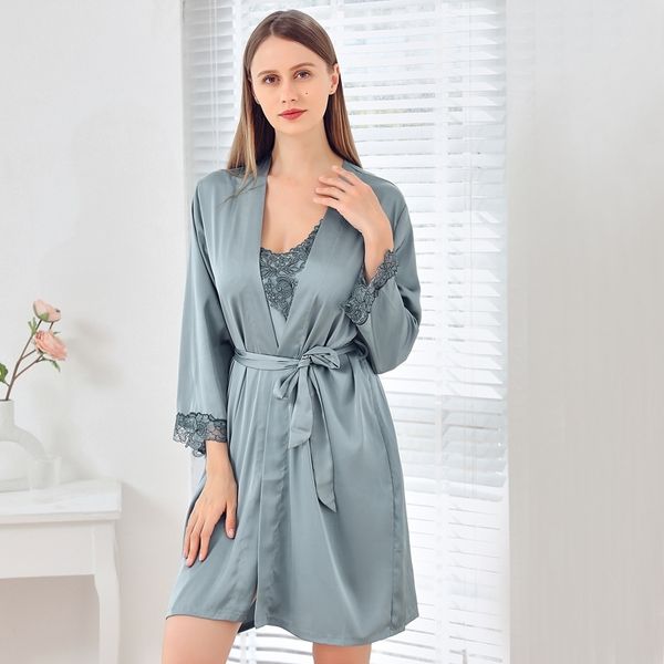 

women's sleepwear 3pcs pajamas set women satin pyjamas with lace kimono bathrobe gown lingerie suit lounge wear casual nightw, Black;red