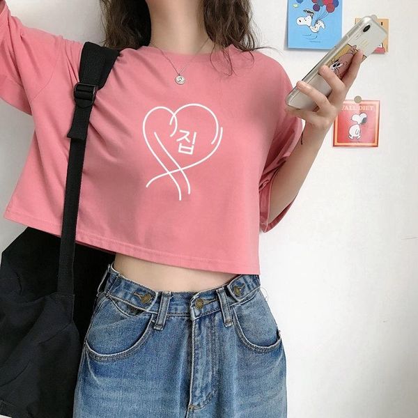 

women's t-shirt short fashion navel print harajuku round neck short-sleeved, White