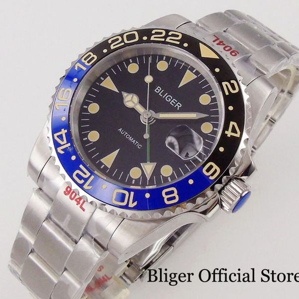 

wristwatches bliger brand stainless steel automatic 40mm men watch green gmt blue black ceramic insert oyster bracelet glid lock screw crown, Slivery;brown