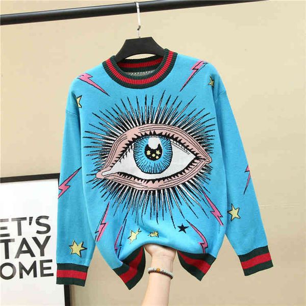 

women's sweaters autumn pullovers long sleeve vintage o-neck loose eye stars jacquard weave women luxury jumper pgod, White;black