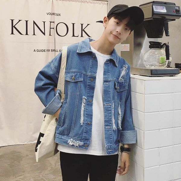 

men's jackets loose denim jacket casual hole men, Black;brown