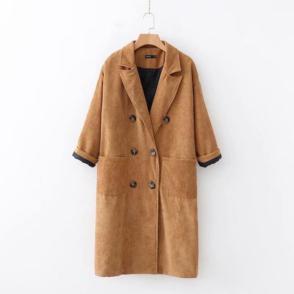 

women's trench coats apperloth 2021 autumn winter women long sleeve double breasted coat corduroy loose windbreaker manteau femme hiver, Tan;black
