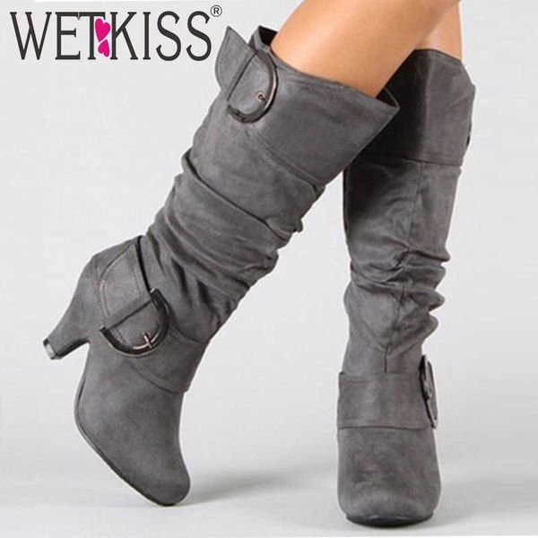 

wetkiss knee high boots women flock elastic boots femme round toe buckle shoes concise high heels shoes autumn winter 210630, Black
