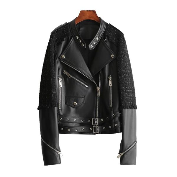 

women's leather & faux genuine real sheepskin suede jacket spring autumn women moto coat suit outerwear garment lf21044kqn, Black