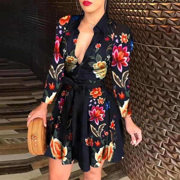 

elegant chain letter print shirt dress summer women v-neck bandage button vintage long sleeve mini party dresses vestidos skirts, Black