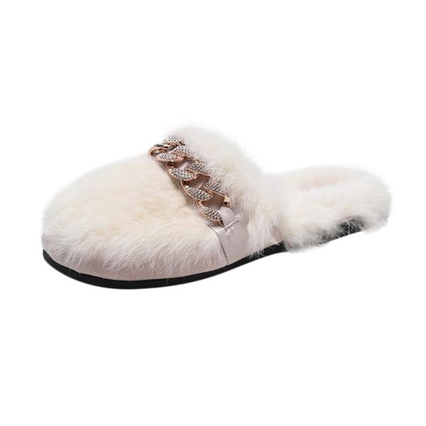

slippers autumn winter real fur mules women lazy shoes loafers comfort pregnant furry slides fluffy hairy flip flops slipper, Black