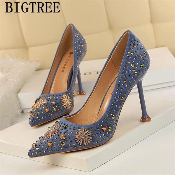 

bigtree shoes high heels women pumps rhinestone party designer luxury 2021 vintage crystal dress, Black