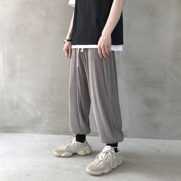 

pant spring summer pleated men's fashion casual ice silk men streetwear korean loose hip-hop straight pants mens m-5xl, Black