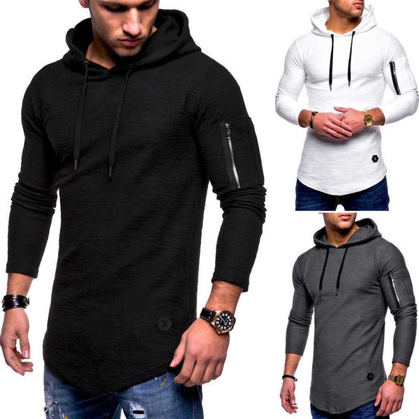 

men's 2021 solid round neck hooded long sleeve t-shirt arm zipper splicing wind length, White;black