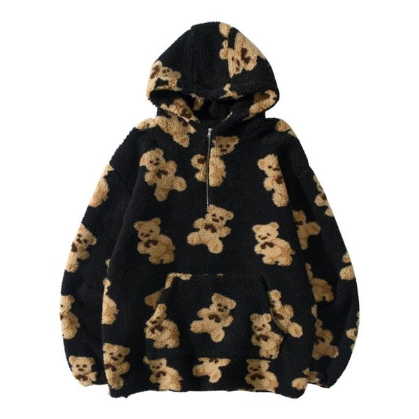 

fleece hooded sweatshirts bear print half zipper pullover hoodies coats outwear 210811, Black;brown