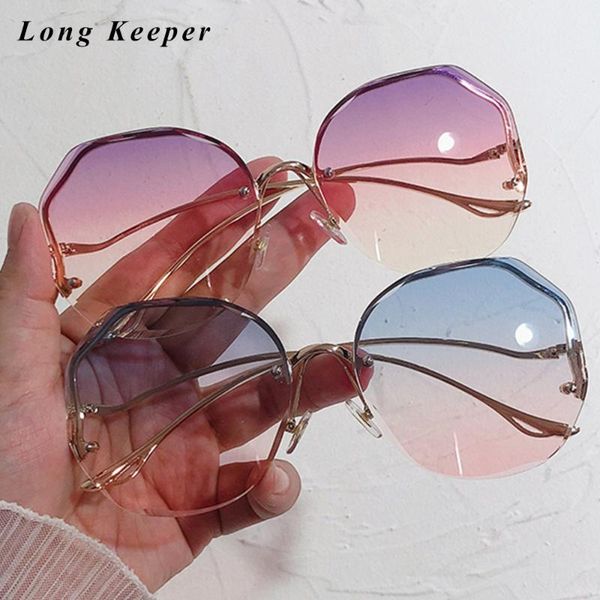 

sunglasses lady fashion rimless women 2021 luxury bradn oversized sun glasses female ocean cut lens sunglass vintage curved legs, White;black