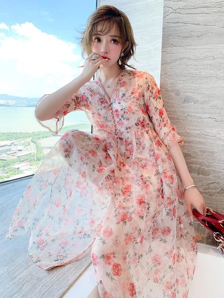 

casual dresses romantic printing horn sleeve single-breasted match condole two-piece women summer dress, Black;gray