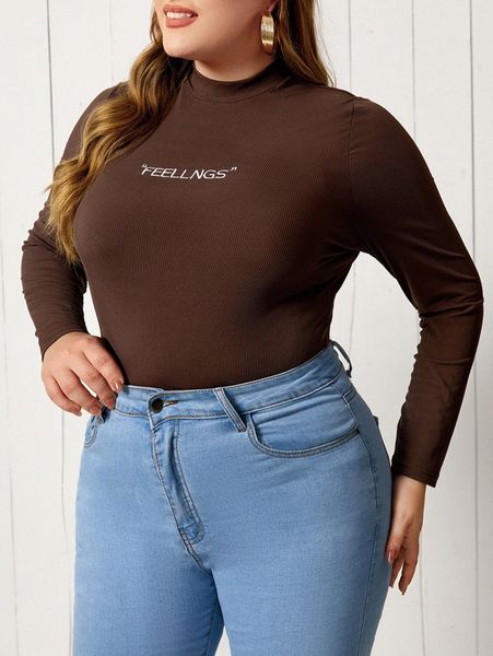 

plus letter embroidery stand collar rib knit tee d90j#, Black