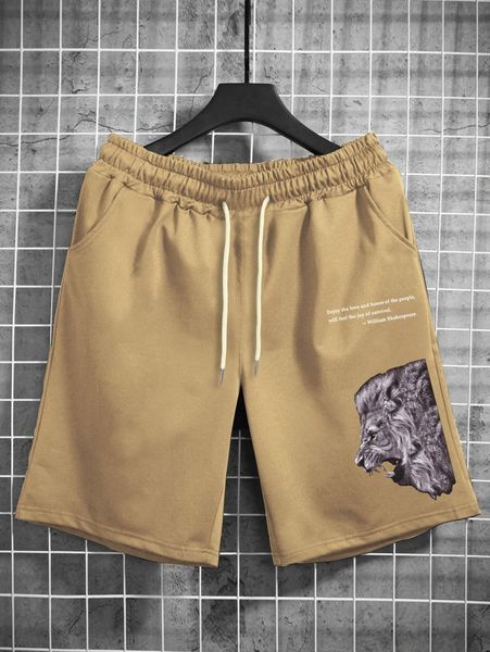 

men slogan and 3d lion print drawstring waist shorts k1k3#, Black