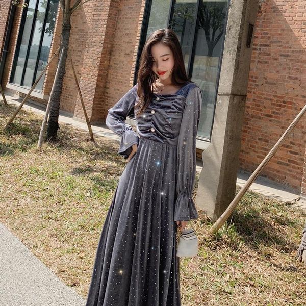 

casual dresses han edition square collar folds will fall of tall waist temperament show thin shiny dress pleuche, Black;gray