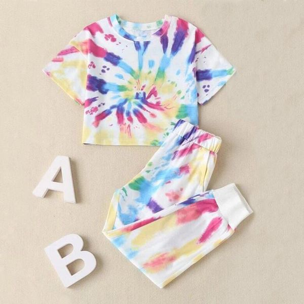 

clothing sets toddler girls summer clothes set kids 2021 rainbow gradient short sleeve vest + long pants outfits children sport suit, White