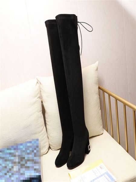 

winter over the knee women boots stretch high heel slip on shoes pointed toe woman long boots size 35-41, Black