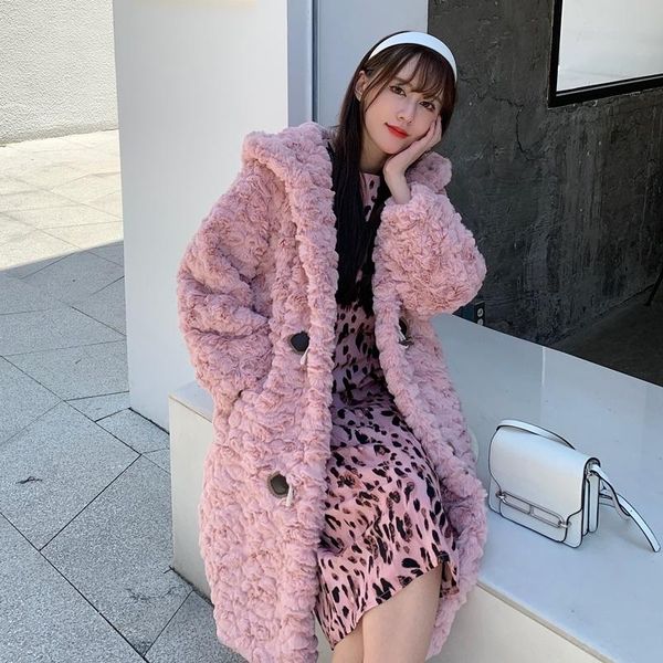 

women's fur & faux winter long hooded thicken coat korean plus plush loose warm soft outerwear female casual size, Black