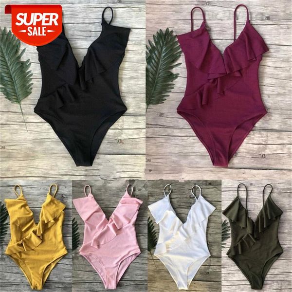 

women push up padded bra swimwear monokini ruffle v-neck one piece swimsuit summer solid bathing suit beachwear #wt6l, White;black