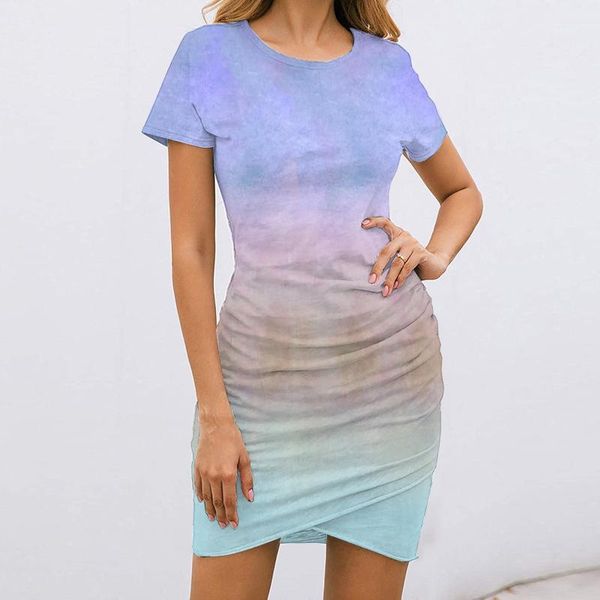 

casual dresses dress women summer tie-dye printed short sleevele ruched round neckline cross hem mini robe femme 2021, Black;gray