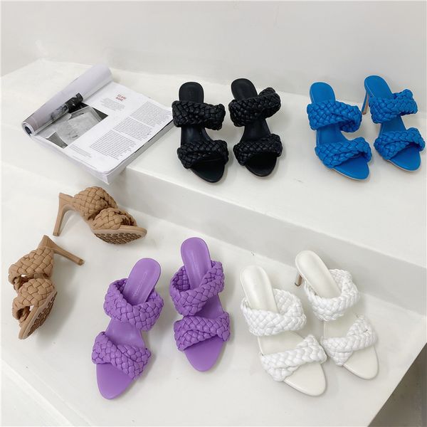 

slippers fashion women weave design thin high heels purple blue white brown black sandals slides mules shoes party pumps 35-39 ygl