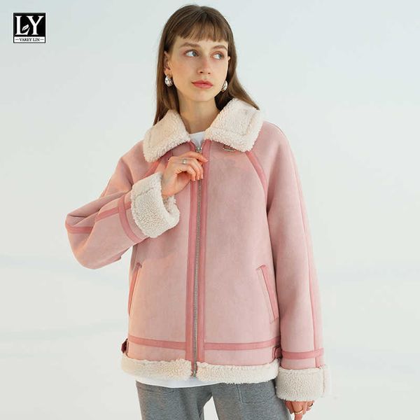 Ly Varey Lin Winter Women Grosso Quente Faux Fur Curround Collar Sobrecoat Loose Cordeiro Lã Casaco Moto Biker Cool Estilo Jacket 210526