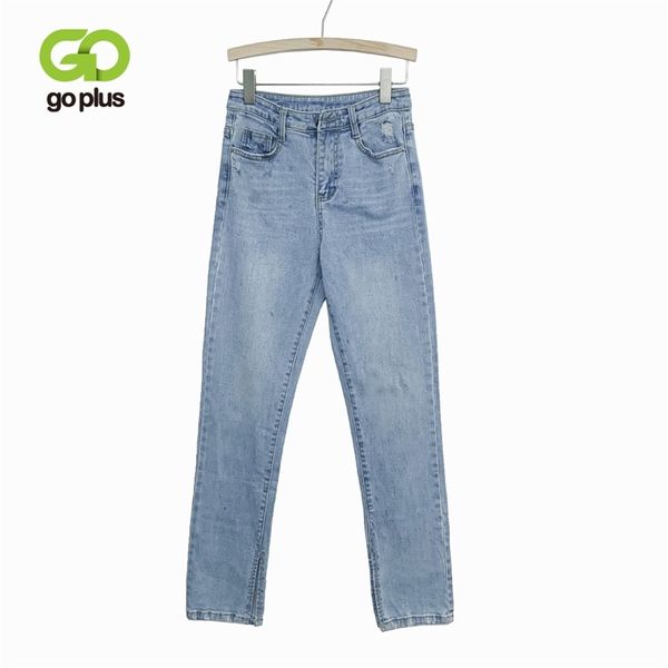 GOPLUS Cintura alta Jean Harem Calças Split Longo Bottom Blue Namorado Streetwear 210629