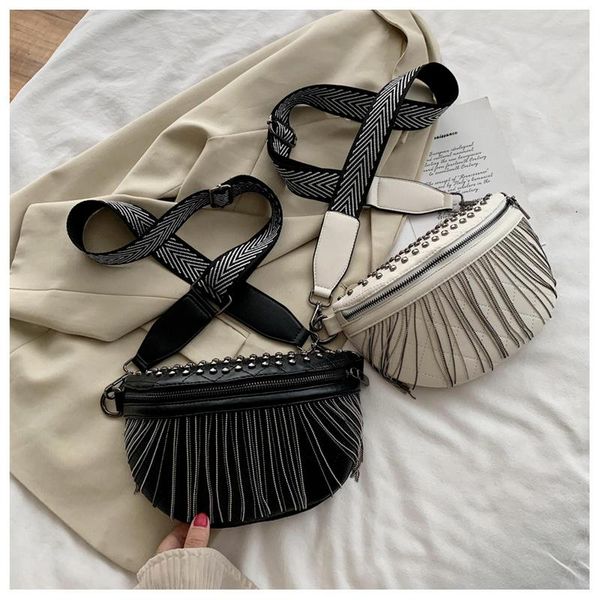 

waist bags bolsas femininas de luxo 2021 korean designer fanny pack with tassel women wide strap shoulder messenger bag rivet chest