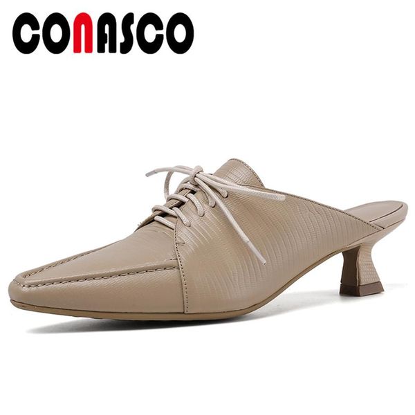 

dress shoes conasco elegant casual mules women sandals genuine leather concise cross-tied slippers high heeled comfortable woman, Black