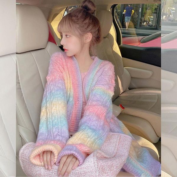 

women's knits & tees rainbow knitted cardigan women autumn winter sweet kawaii sweater coat female long korean button down fall, White