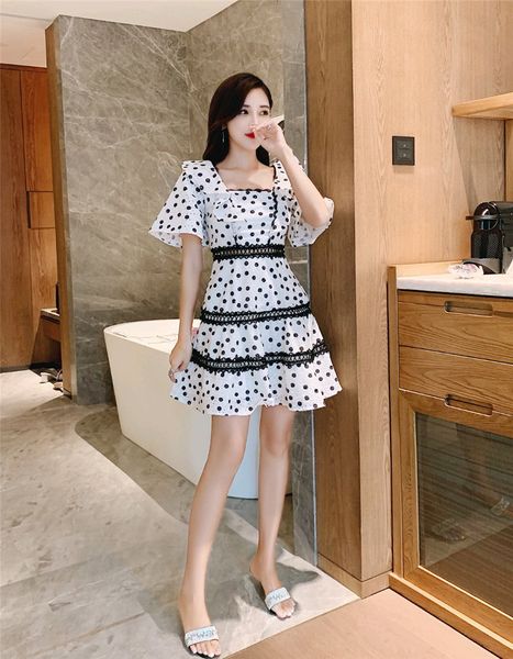 

black short sleeve hollow out dot summer vintage cross bandage backless fashion runway ruffles mini party vestidos women es, Black;gray