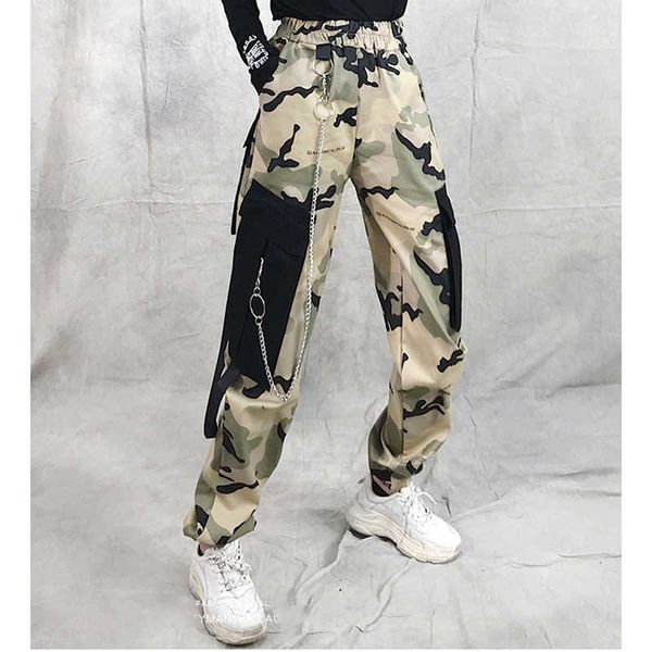 

spring chain camouflage harem pant loose high waist streetwear casual autumn cargo 210531, Black;white