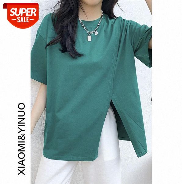 

[ou fan] 7923 korean version of ins side slit loose t-shirt women short-sleeved irregular #jv5w, Black;gray