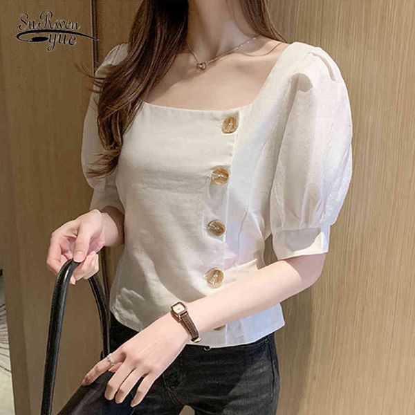 

vintage linen cotton shirt woman's blouses korean slim ropa de mujer short sleeve puff solid button shirts 9637 210521, White