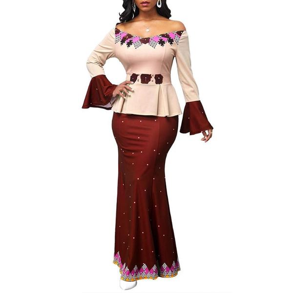 

summer bohemia flower print women's dress women elegant off shoulder long flared sleeve fish tail hem bodycon maxi 2021 casual dresses, Black;gray