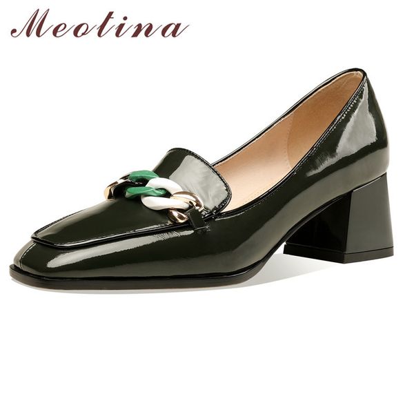

meotina pumps women genuine leather high heel shoes chain square toe ladies shoes chunky heels slip on footwear green spring 41 210520, Black
