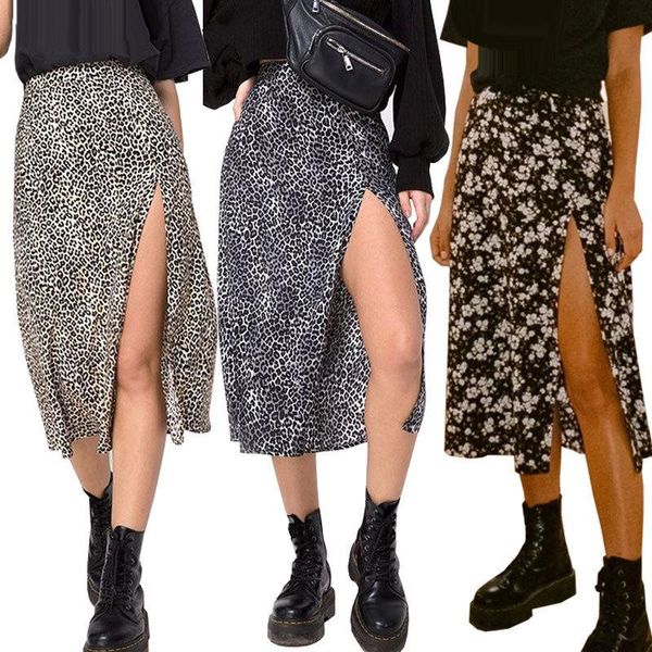 

skirts floral print black women summer 2021 fashion high waist a-line split leopard skirt woman casual elastic midi