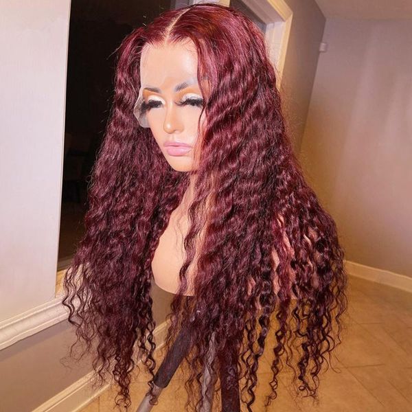 

13x4 glueless deep wave burgundy lace frontal wigs 99j 13x6 front human hair water wine red pre plucked, Black;brown
